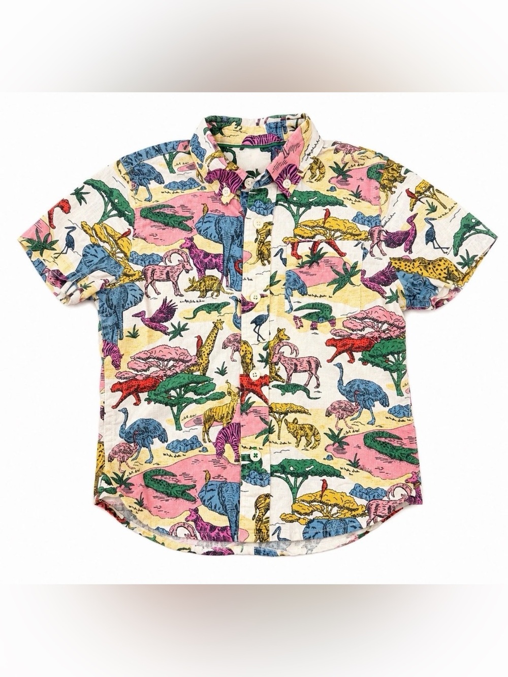 MINI BODEN Boys Linen Cotton Dinosaur Print Button Down Shirt -6-7